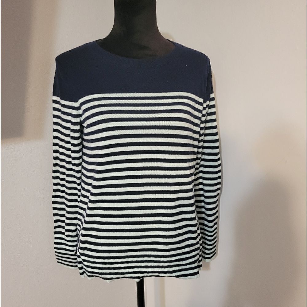 GAP Navy Blue White Striped Round Neck Long Sleeve Pullover Top Size Small